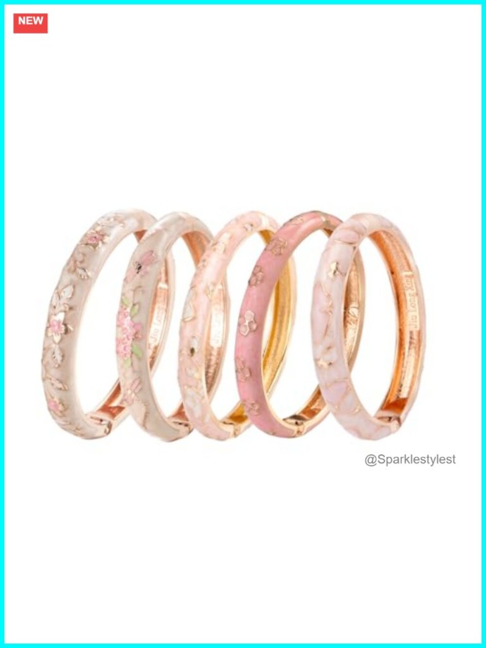 Enamel Bangles 5 Pc Set Cloisonne Flower Golden Engraved Bracelets in Box